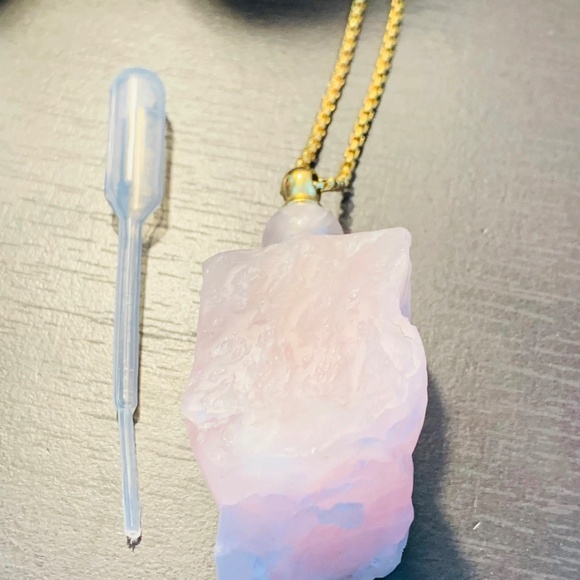Rose Quartz Perfume Bottle Necklace – 24K Gold-Plated Chain  Semi-Precious Stone - Picture 3 of 5